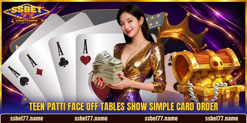 Teen Patti Face Off tables show simple card order